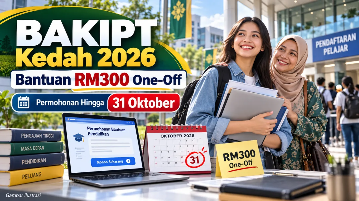 Cadangan alt: BAKIPT Kedah 2026 bantuan RM300 one-off untuk pelajar baharu IPT dengan permohonan hingga 31 Oktober